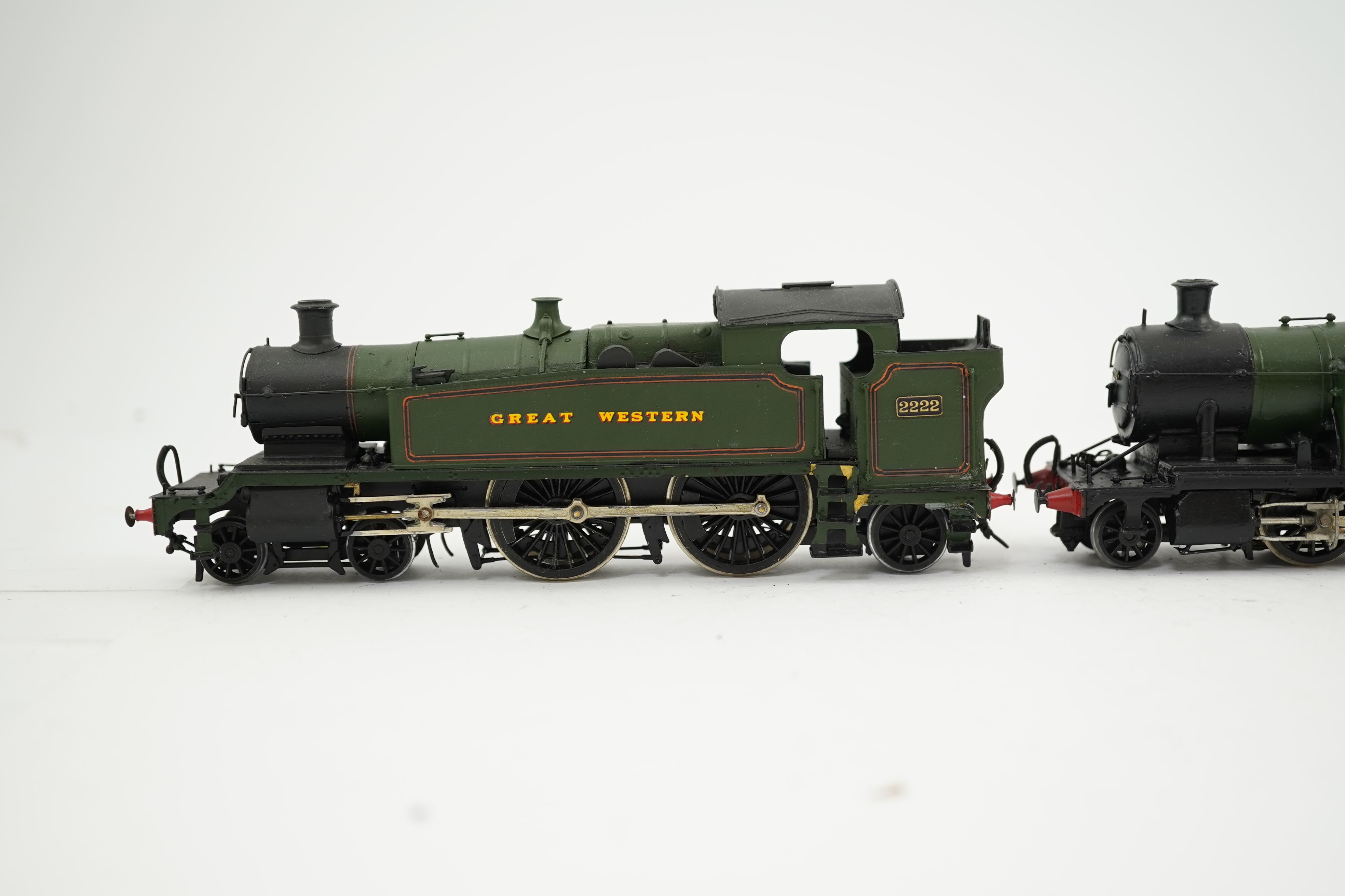 Three 00 gauge kit built GWR tank locomotives, two brass and white metal; a 42xx class 2-8-0T, 4200, together with an 72xx class 2-8-2T, 7200, plus a plastic/resin and metal 22xx class 4-4-2T, 2222, all constructed, pain